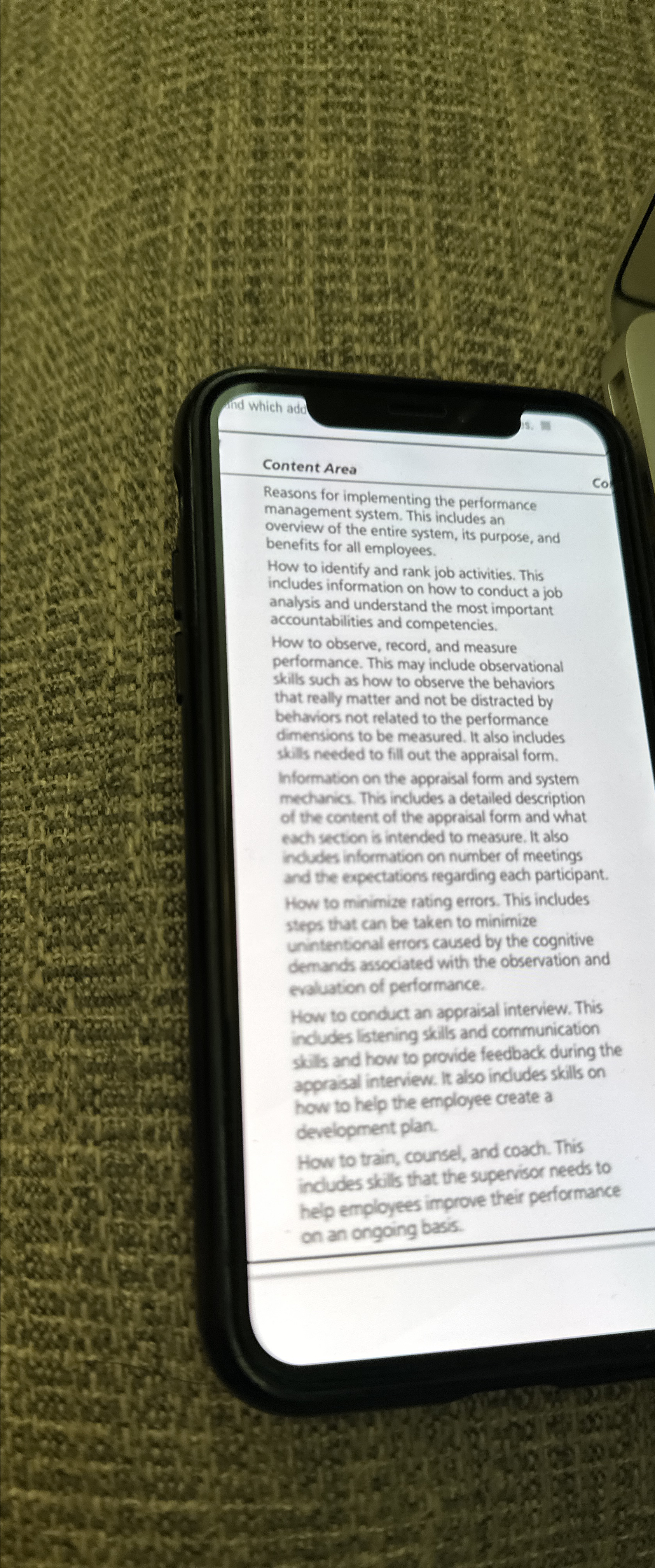  Content Area Reasons for implementing the performance management system. This includes