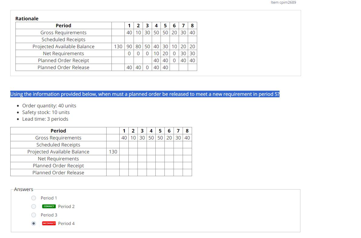  Rationale Using the information provided below, when must a planned order
