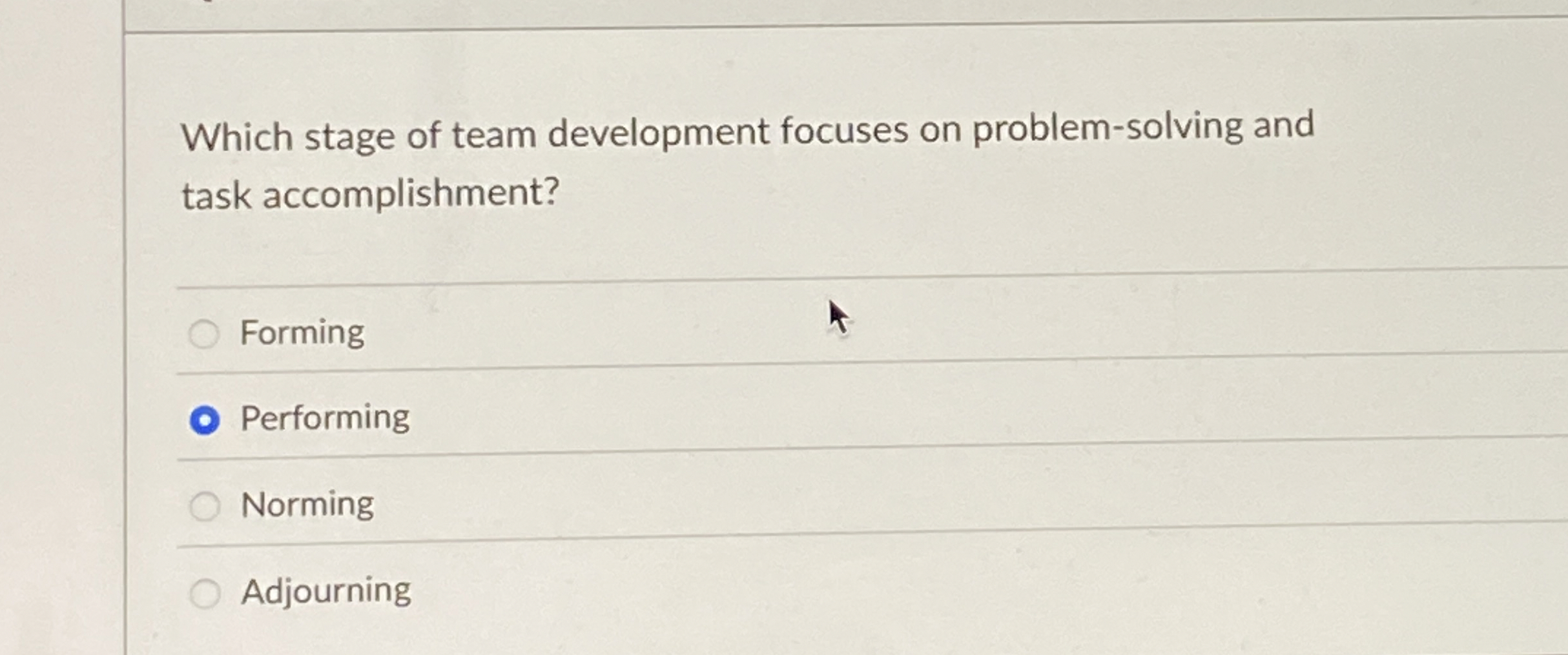 Which stage of team development focuses on problem-solving and task accomplishment?