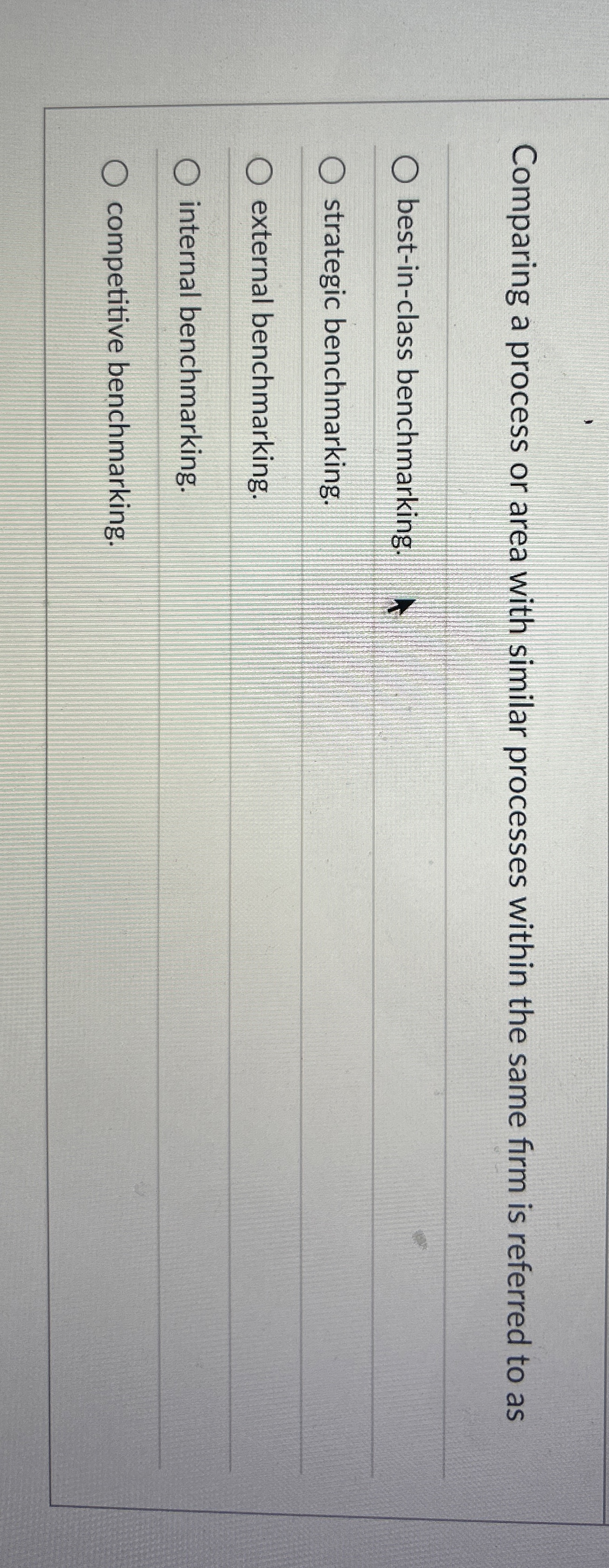  Comparing a process or area with similar processes within the same