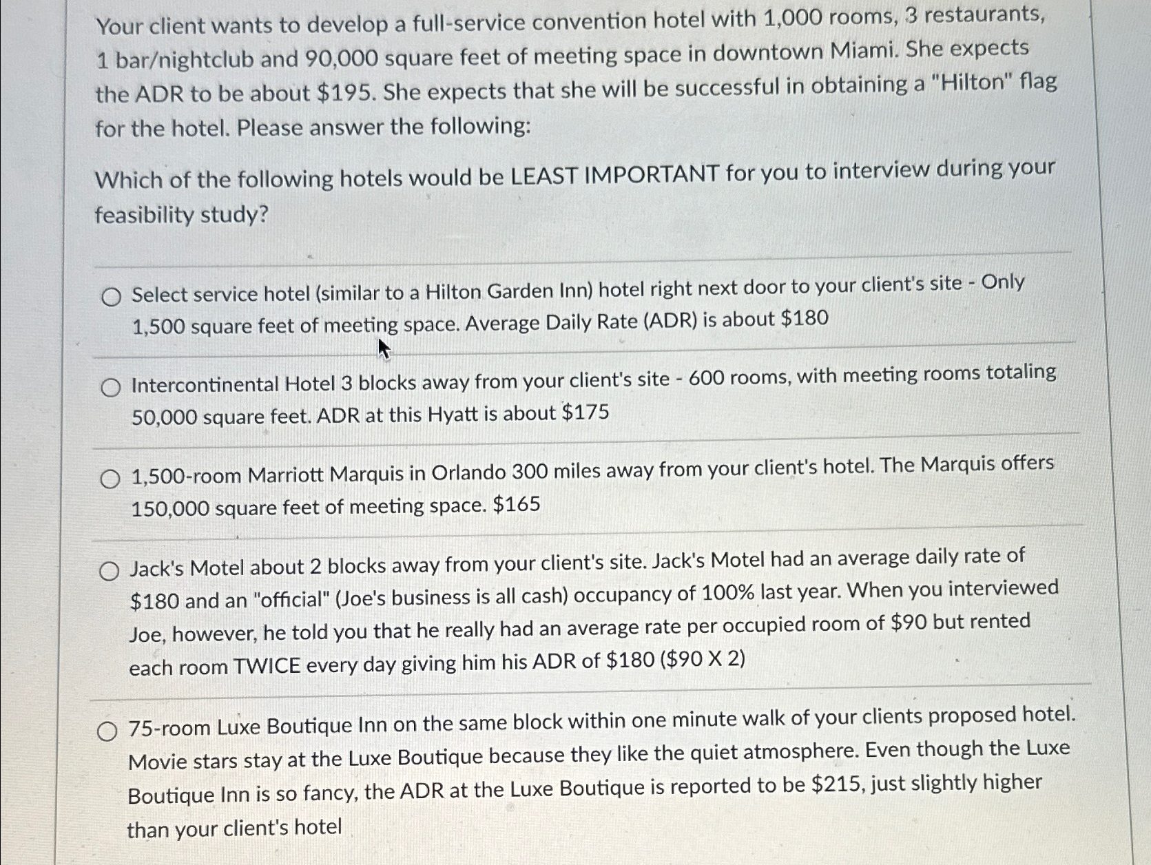  Your client wants to develop a full-service convention hotel with 1,000