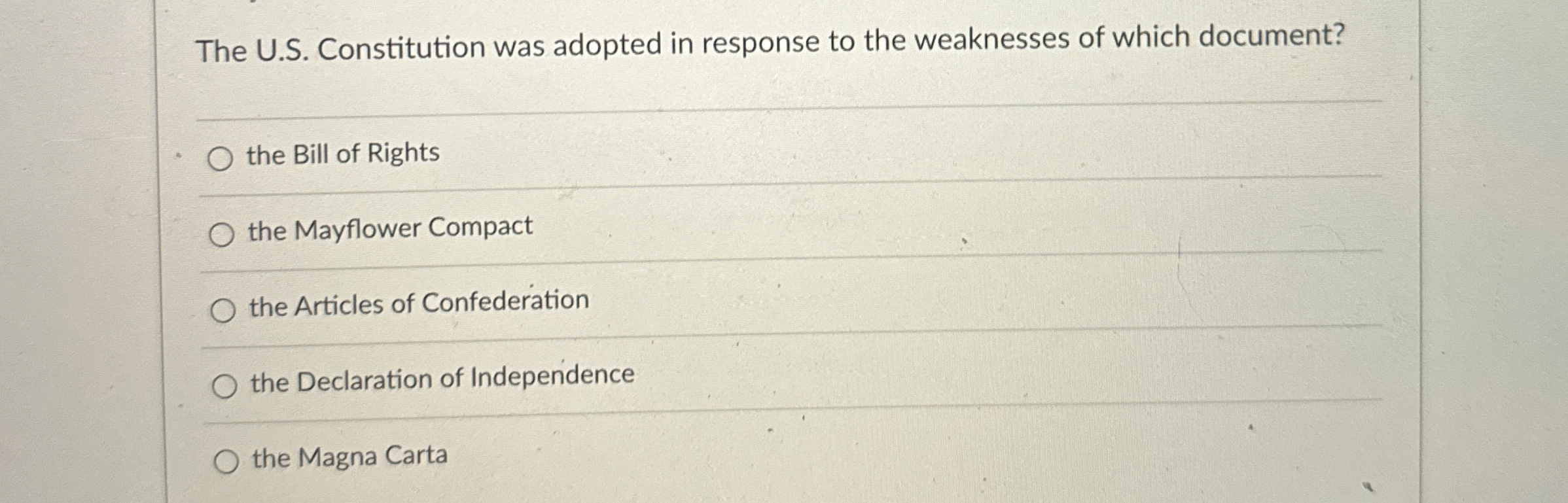  The U.S. Constitution was adopted in response to the weaknesses of