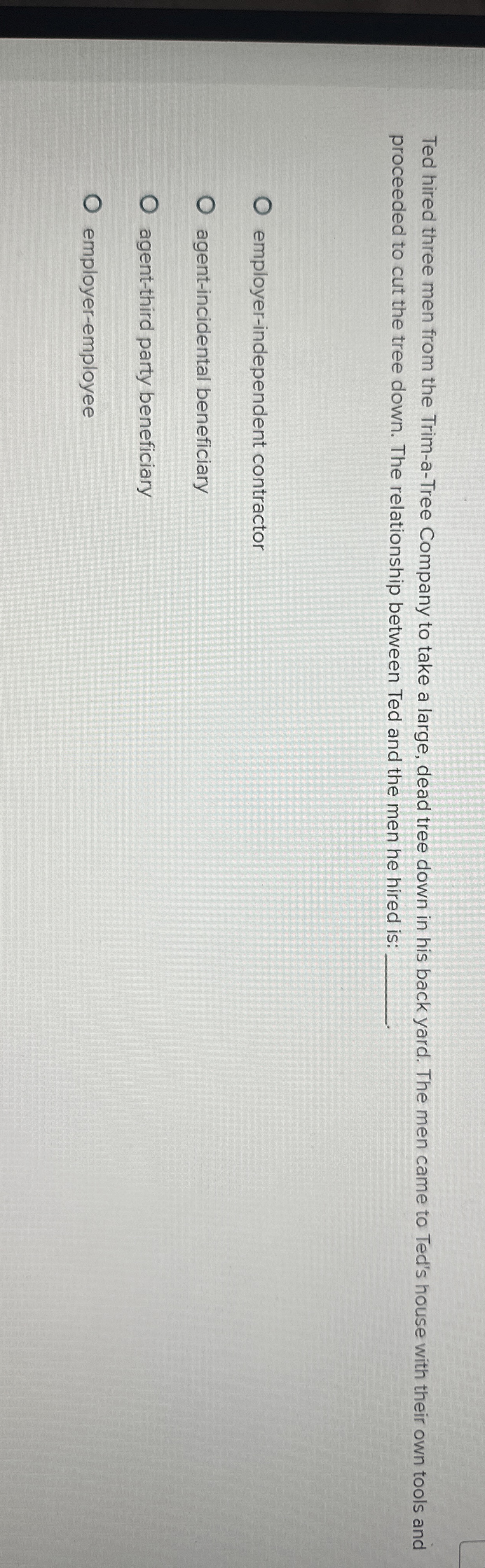  Ted hired three men from the Trim-a-Tree Company to take a
