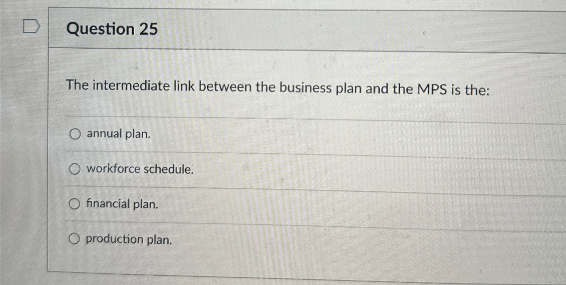  Question 25 The intermediate link between the business plan and the