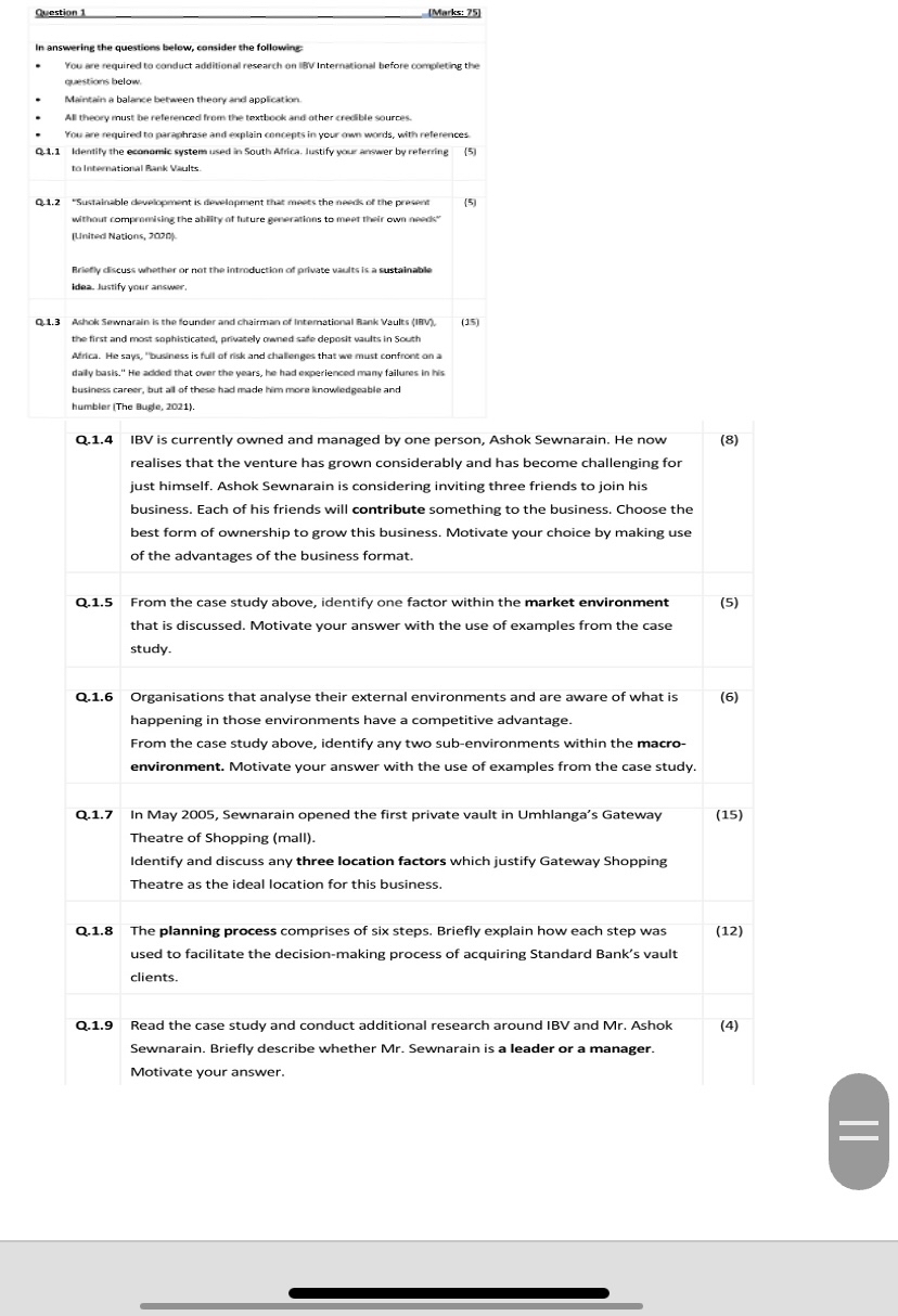  Question 1 [Marks: 75] In answering the questions below, consider the