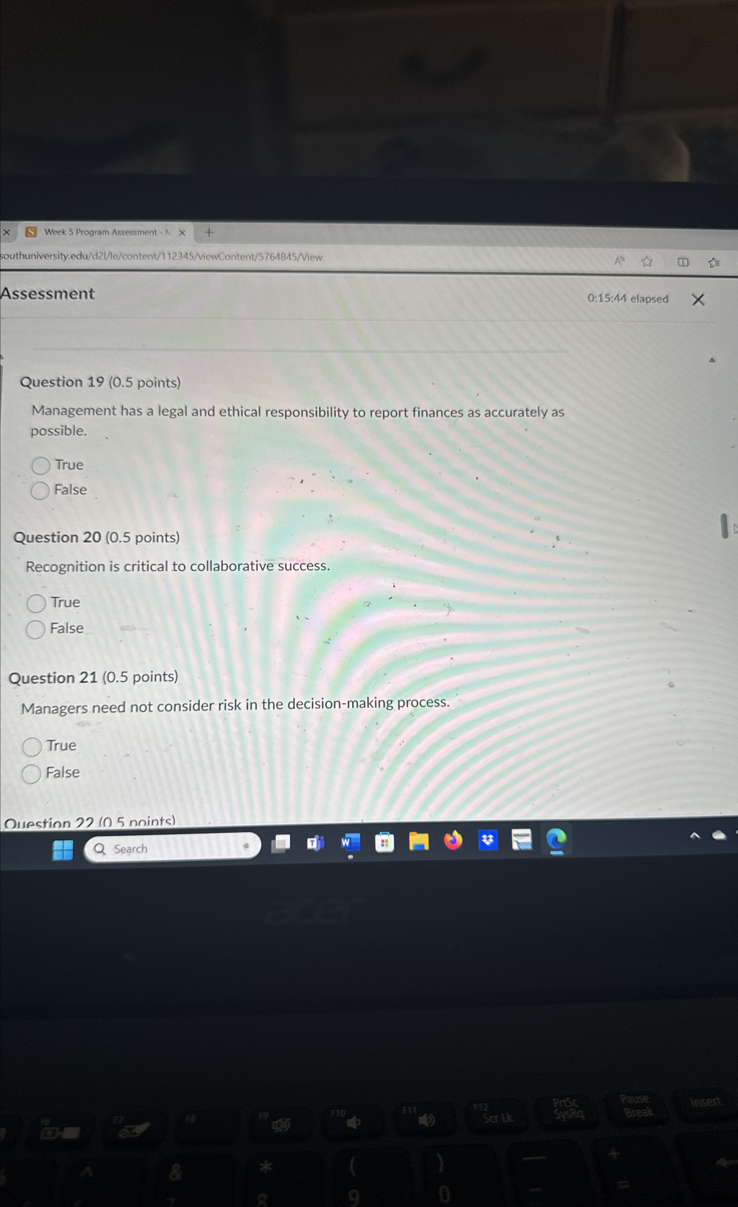  Week 5 Program Acsessment southuniversity.edu/d21/le/content/112345/viewContent/5764845/Niew Assessment 0:15:44 elapsed Question 19(0.5 points)