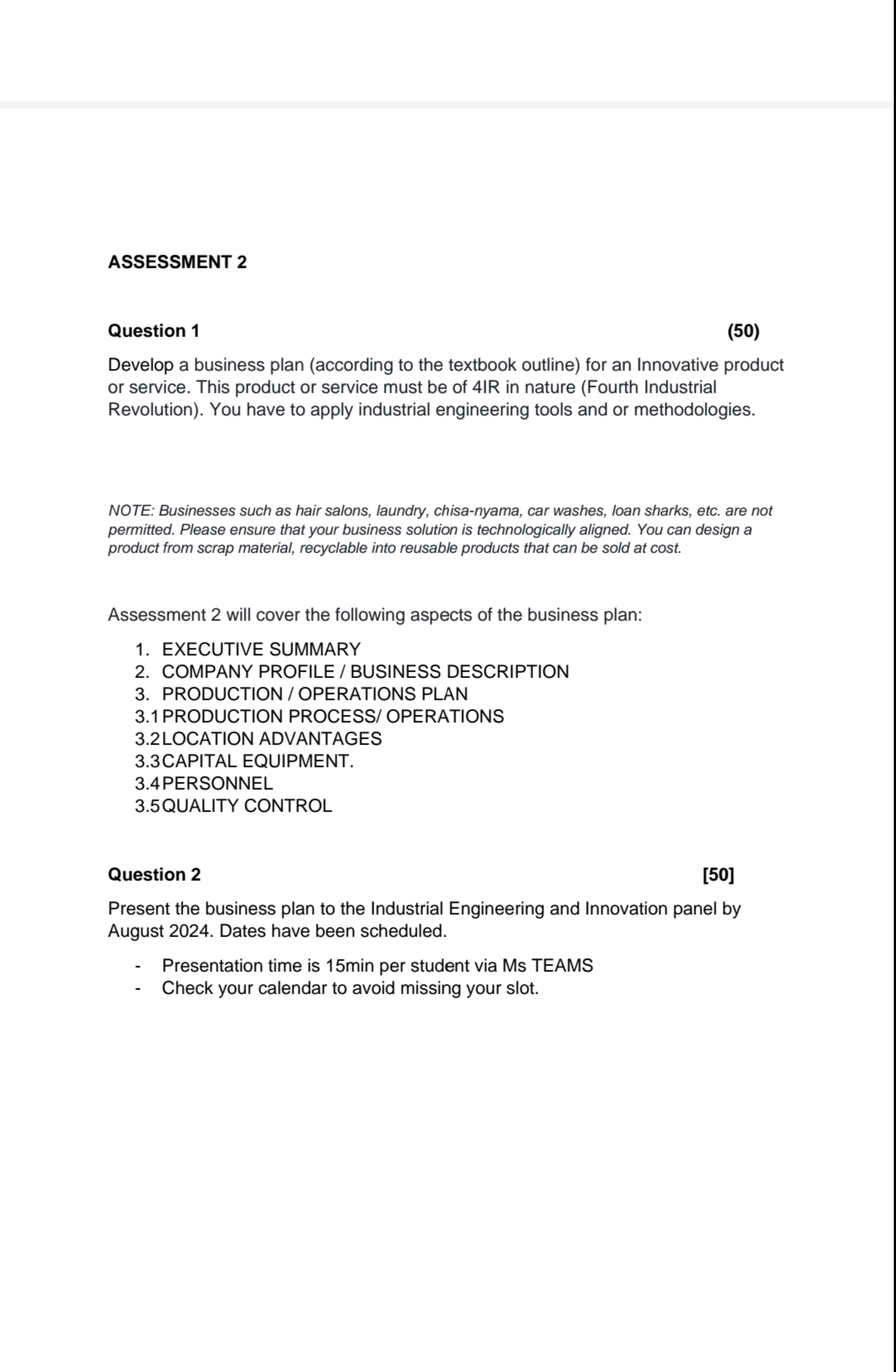  ASSESSMENT 2 Question 1 Develop a business plan (according to the