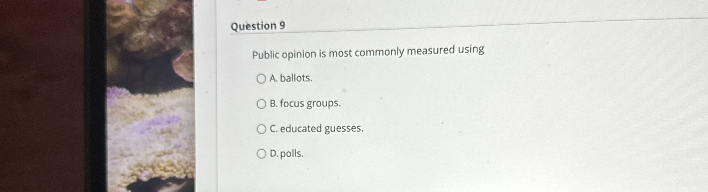  Question 9 Public opinion is most commonly measured using A. ballots.