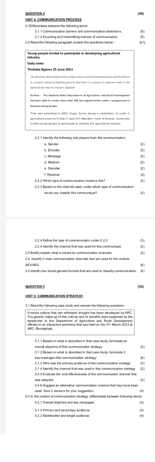  QUESTION 2 [44] UNIT 4: COMMUNICATION PROCESS 2.1Differentiate betwe the following