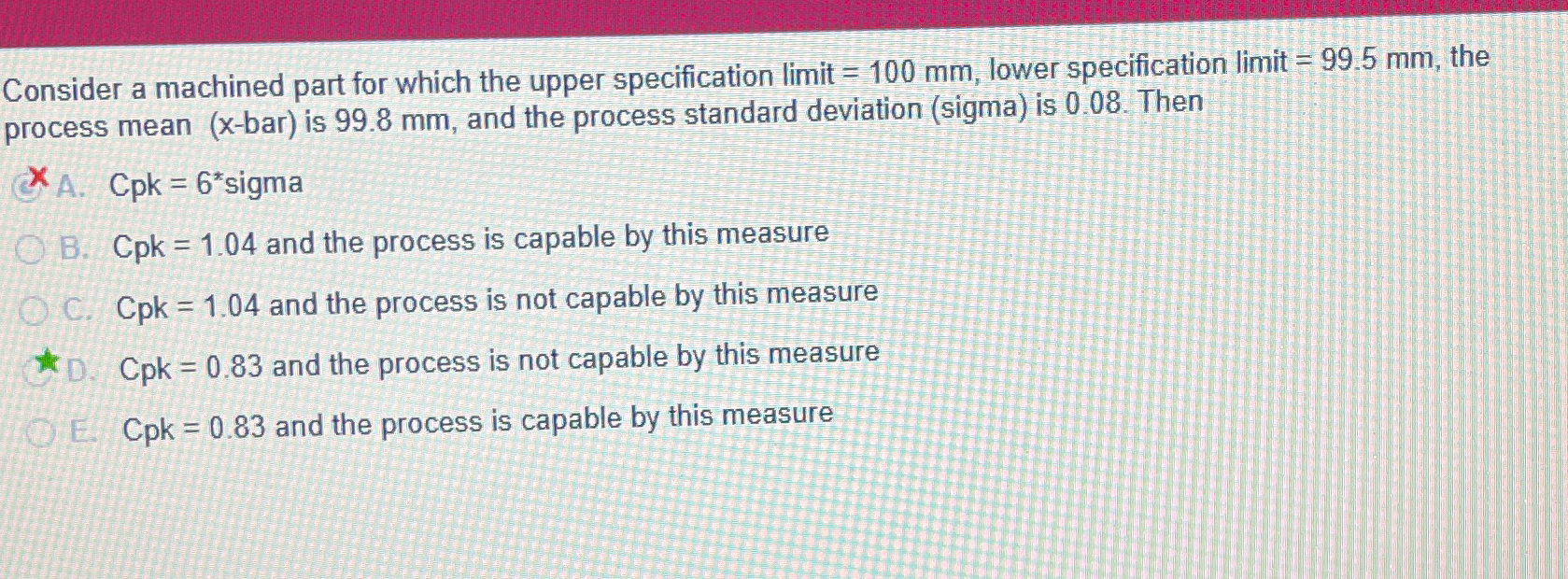  Consider a machined part for which the upper specification limit =100mm,
