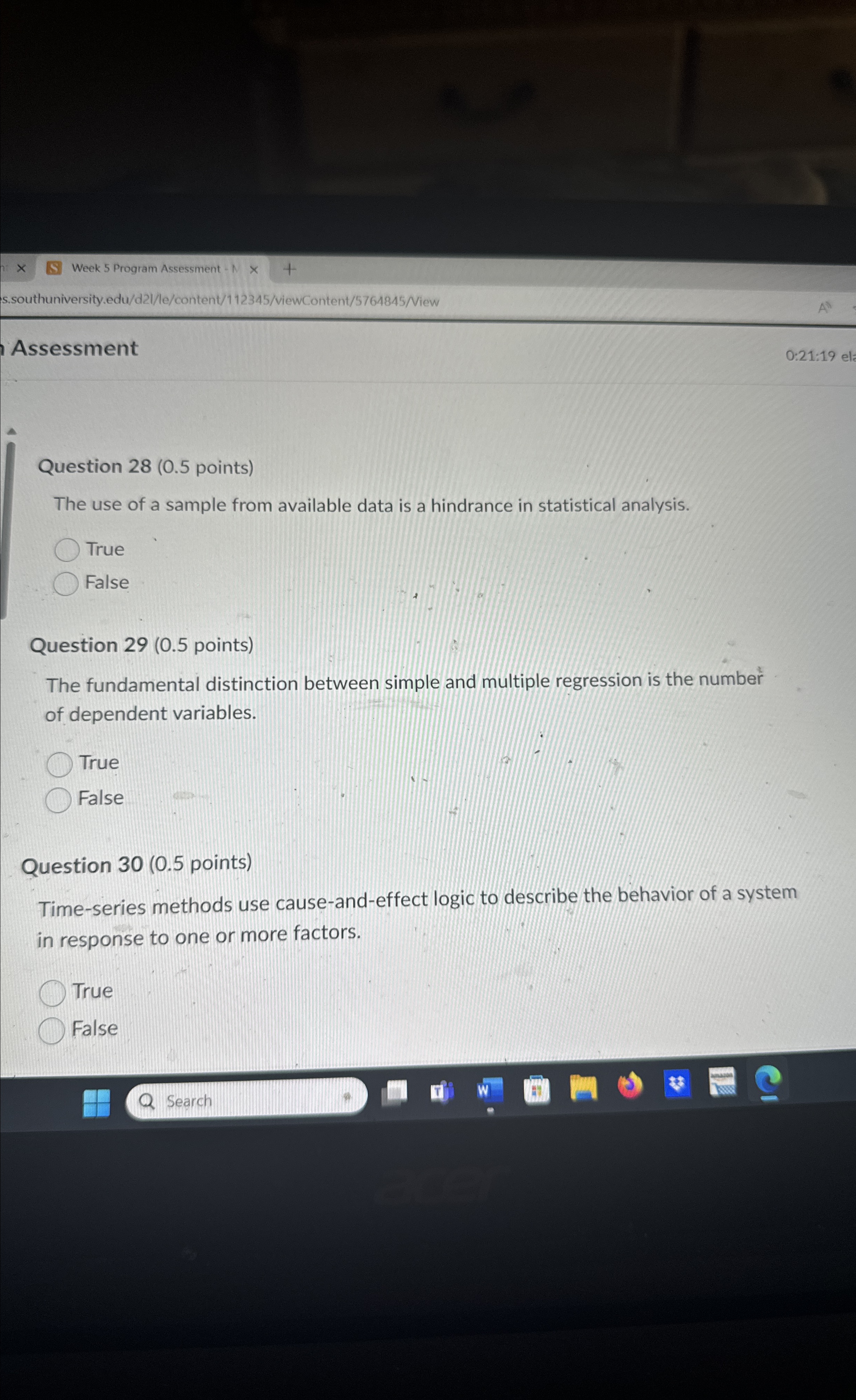 Week 5 Program Assessment S.southuniversity.edu/d21/le/content/112345/viewContent/5764845/View Assessment 0:21:19 el Question 28(0.5 points)