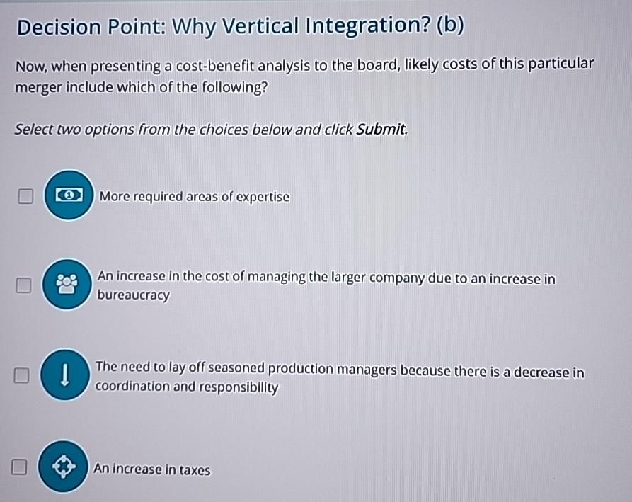  Decision Point: Why Vertical Integration? (b) Now, when presenting a cost-benefit