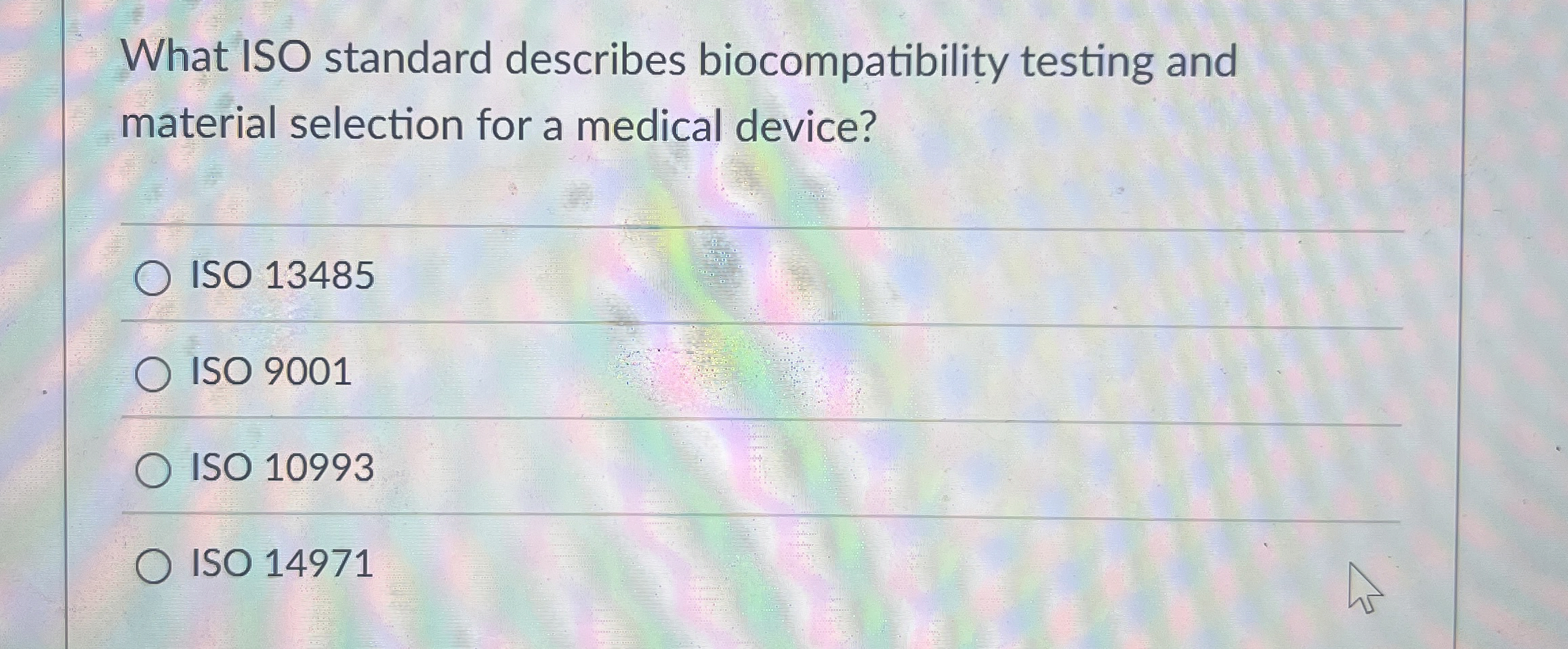  What ISO standard describes biocompatibility testing and material selection for a