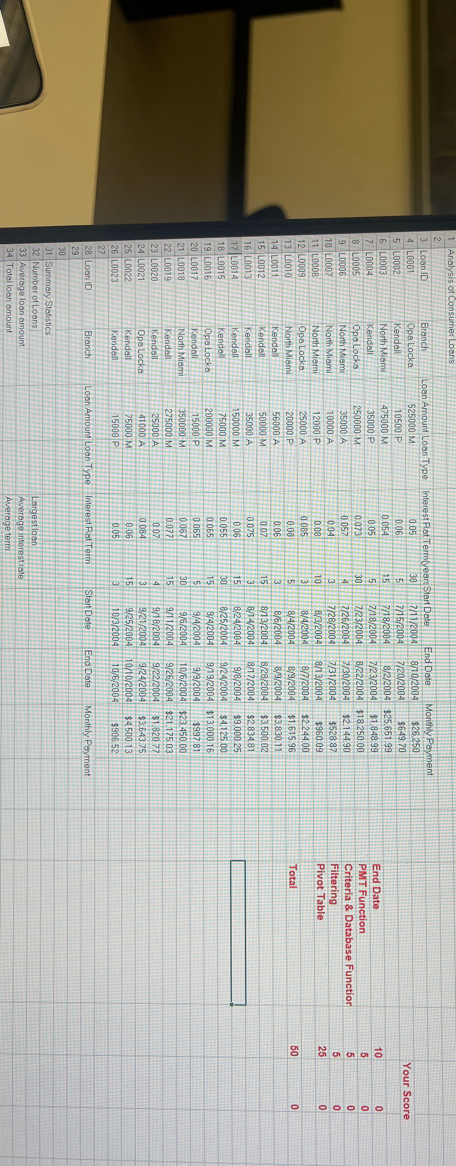  Analysis of Consumer Loans \table[[Loan ID,Branch,Loan Amount Loan Type,Interest Rat T,,itDate,End