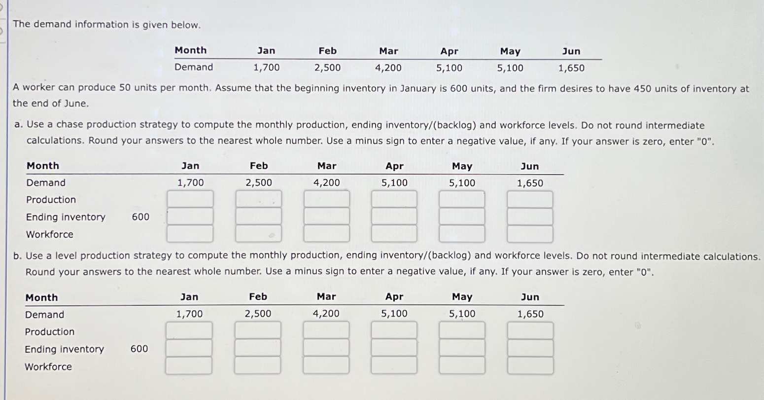 The demand information is given below. \table[[Month,Jan,Feb,Mar,Apr,May,Jun],[Demand,1,700,2,500,4,200,5,100,5,100,1,650]] A worker can produce