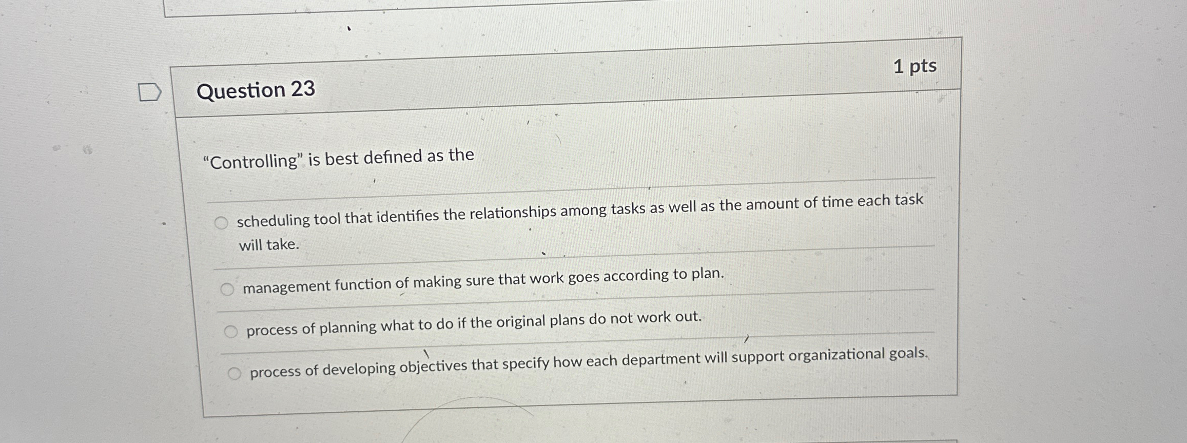  Question 23 1 pts "Controlling" is best defined as the scheduling