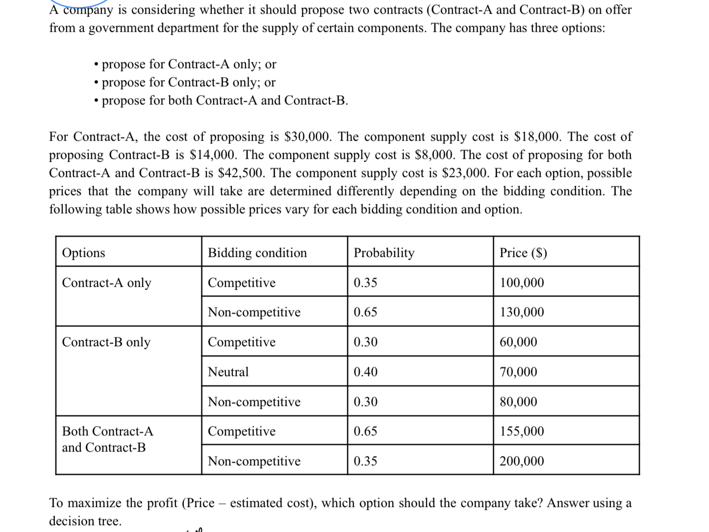  A company is considering whether it should propose two contracts (Contract-A