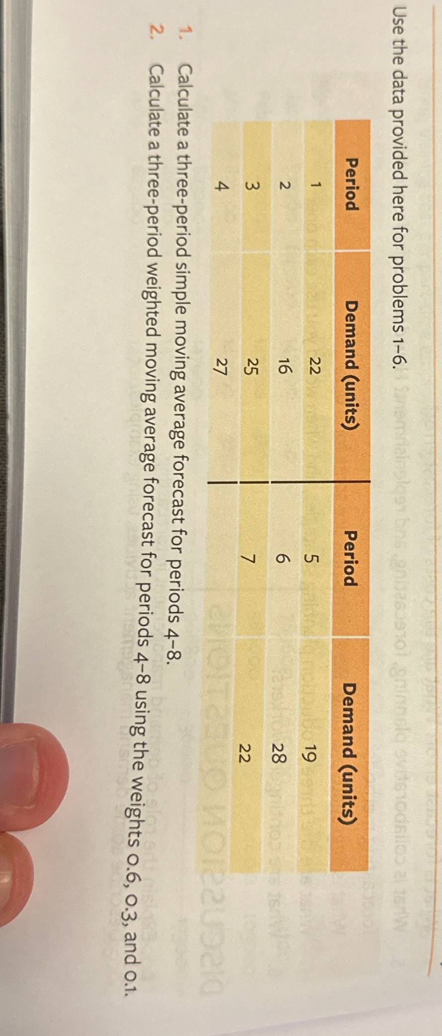  Use the data provided here for problems 1-6. \table[[Period,Demand (units),Period,Demand (units)],[1,22,5,19],[2,16,6,28],[3,25,7,22]]
