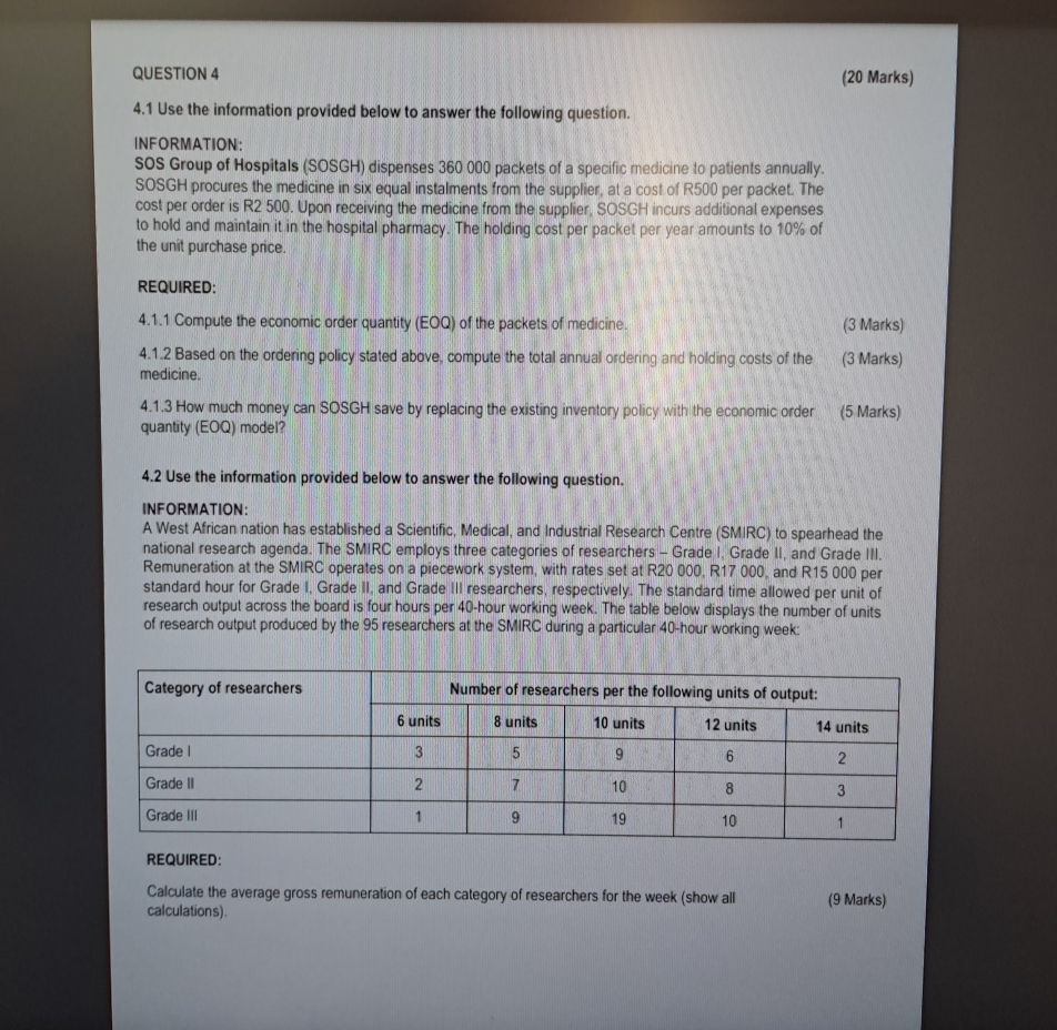  QUESTION 4 (20 Marks) 4.1 Use the information provided below to