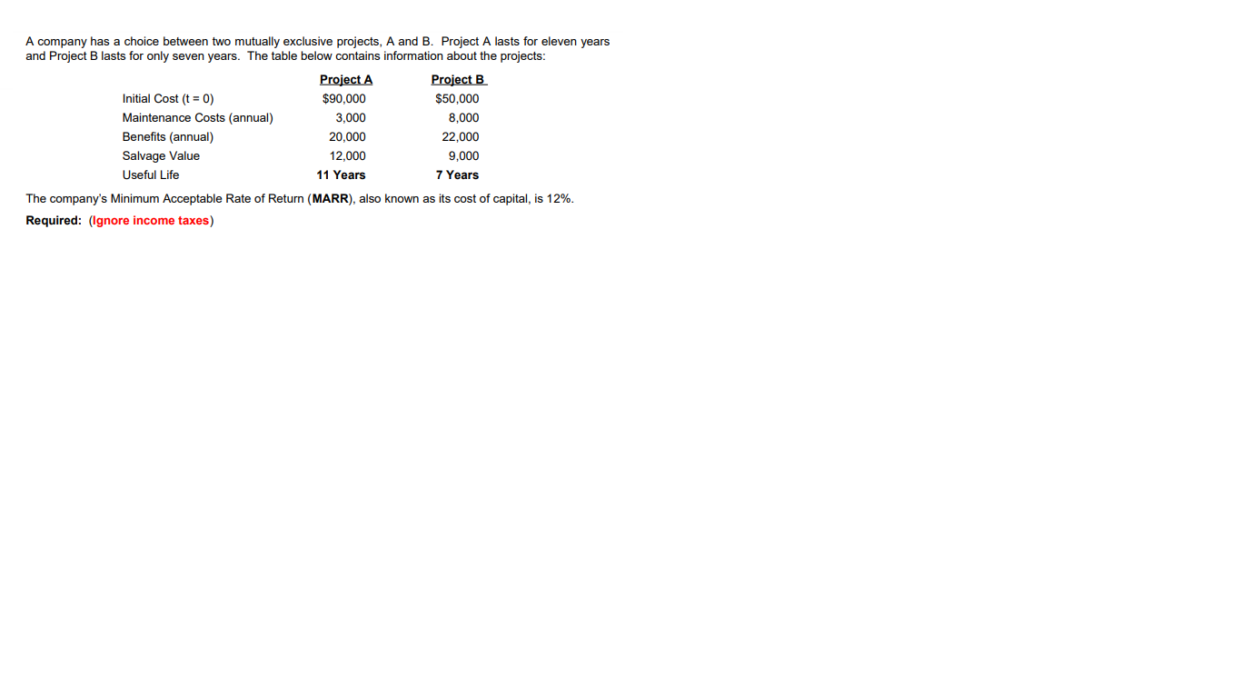  A company has a choice between two mutually exclusive projects, A