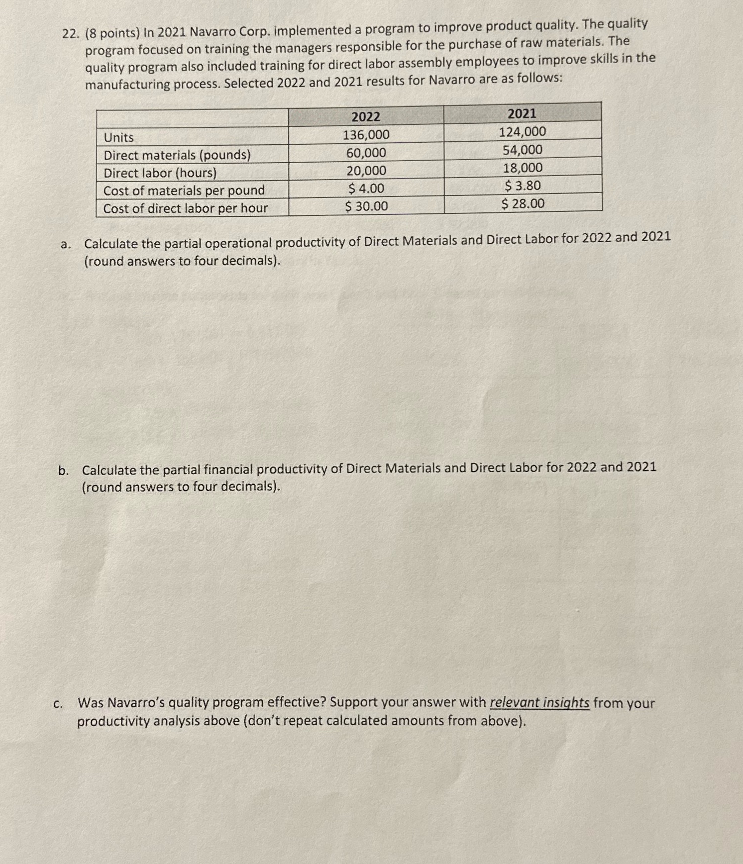22. (8 points) In 2021 Navarro Corp. implemented a program to