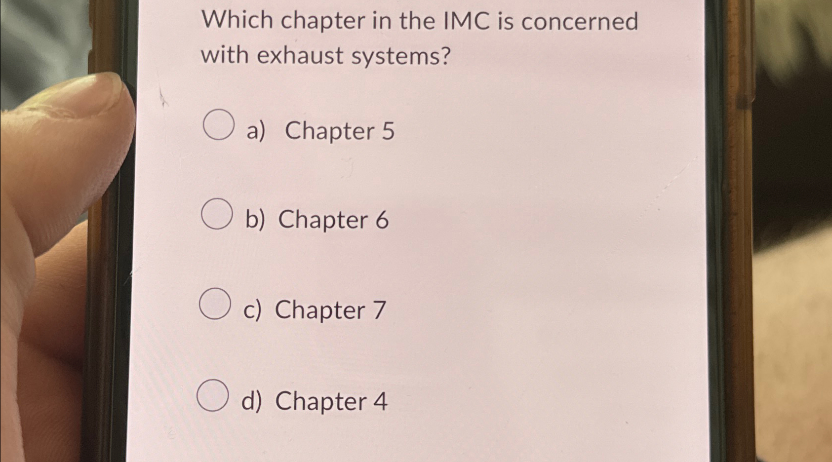  Which chapter in the IMC is concerned with exhaust systems? a)