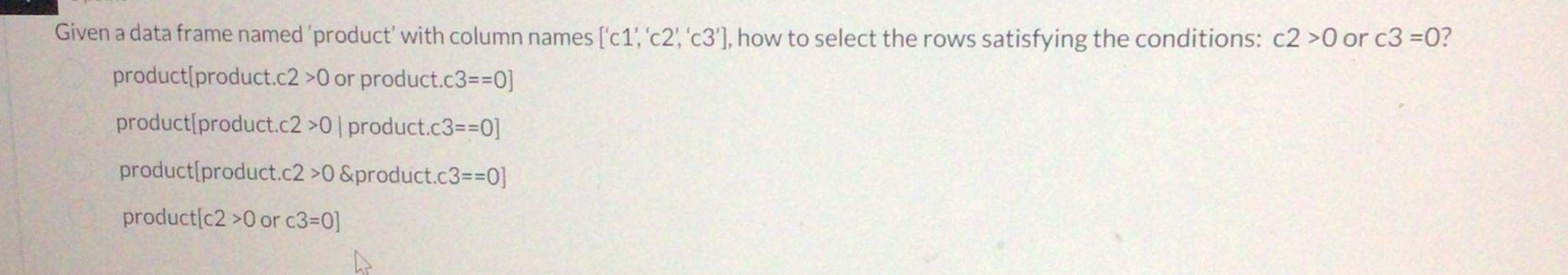  Given a data frame named 'product' with column names ['c1','c2','c3'], how