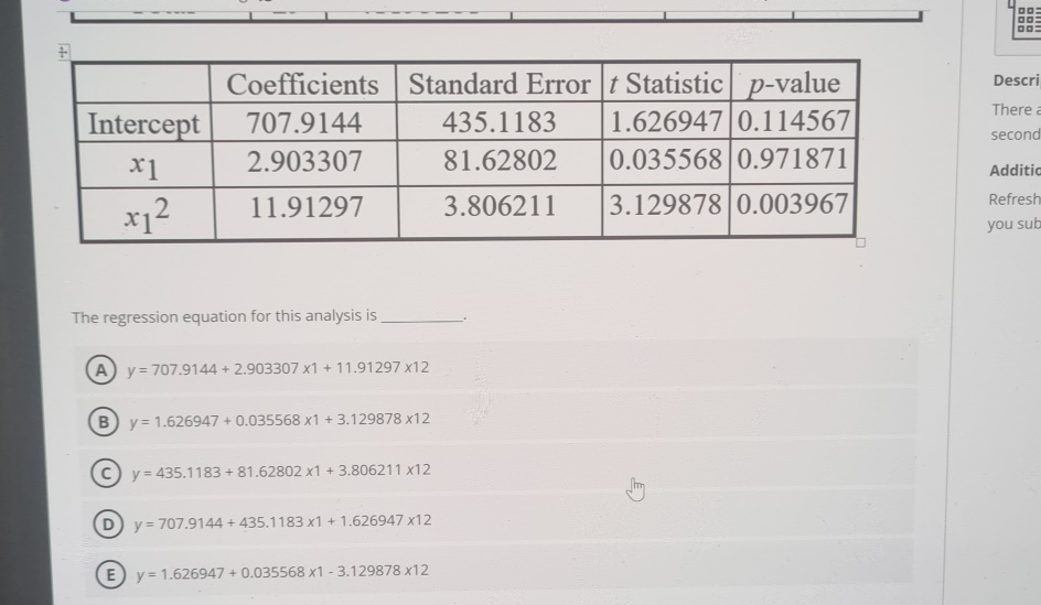  \table[[,Coefficients,Standard Error,t Statistic,p-value],[Intercept,707.9144,435.1183,1.626947,0.114567],[x1,2.903307,81.62802,0.035568,0.971871],[x12,11.91297,3.806211,3.129878,0.003967]] The regression equation for this analysis is y=707.9144+2.9033071+11.9129712