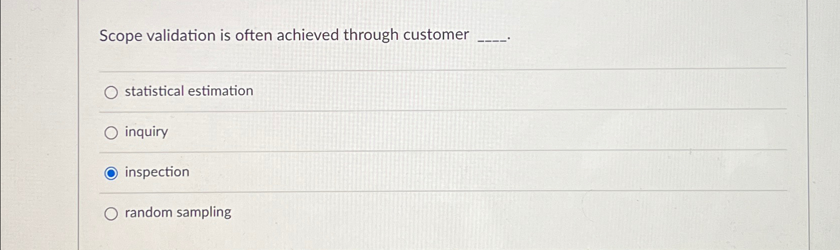  Scope validation is often achieved through customer statistical estimation inquiry inspection