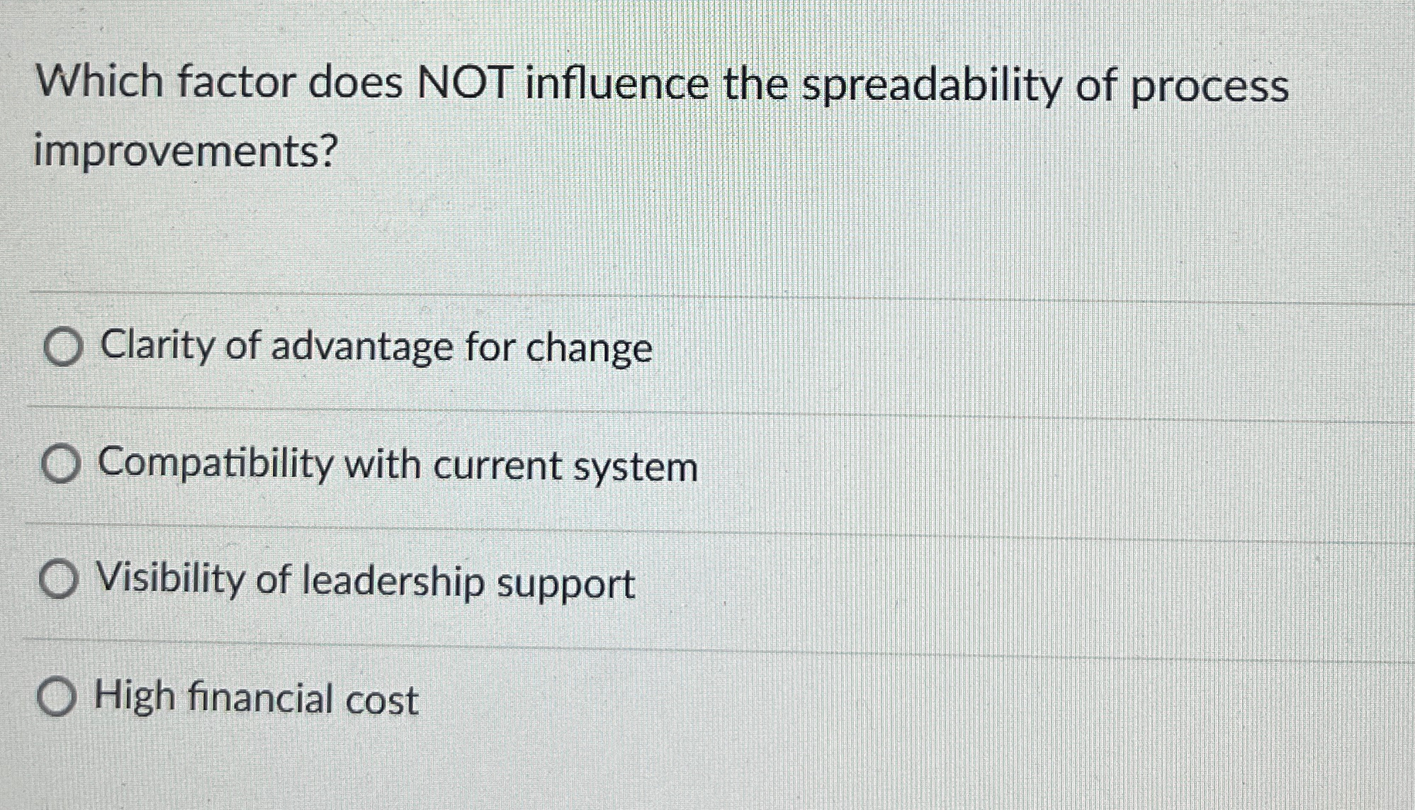  Which factor does NOT influence the spreadability of process improvements? Clarity