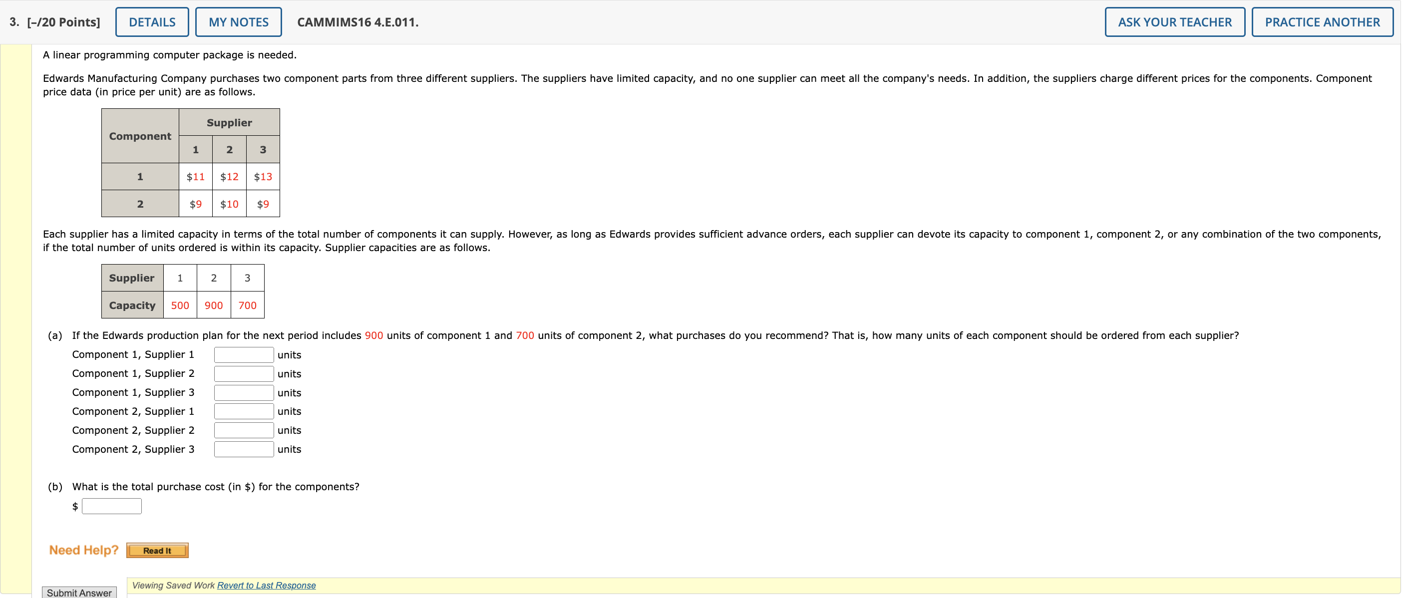 A linear programming computer package is needed. price data (in price
