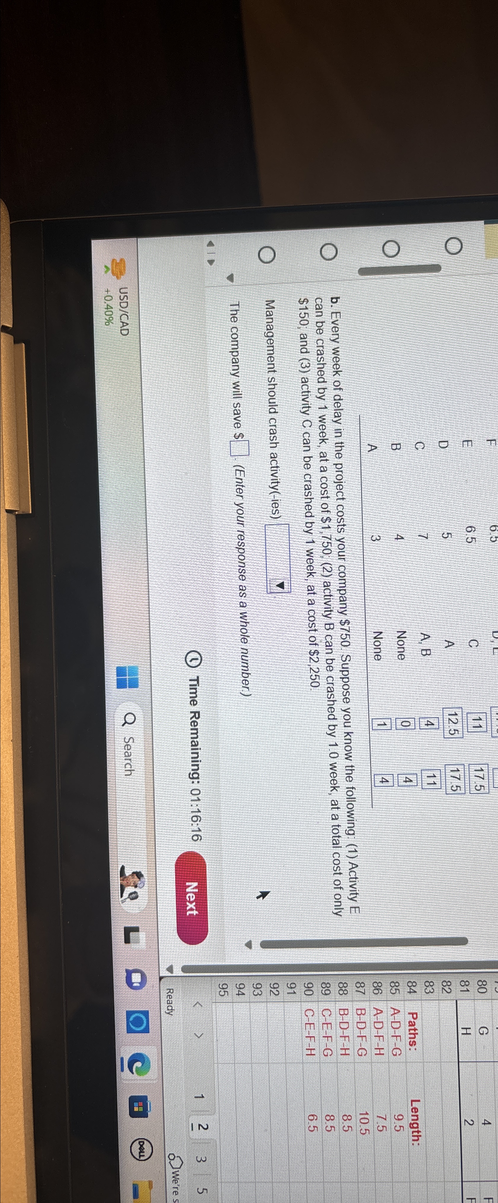  \table[[,6.5,,11],[,5,A,12.5],[C,7,A,B,4],[B,4,None,0],[A,3,None,1]] b. Every week of delay in the project costs your