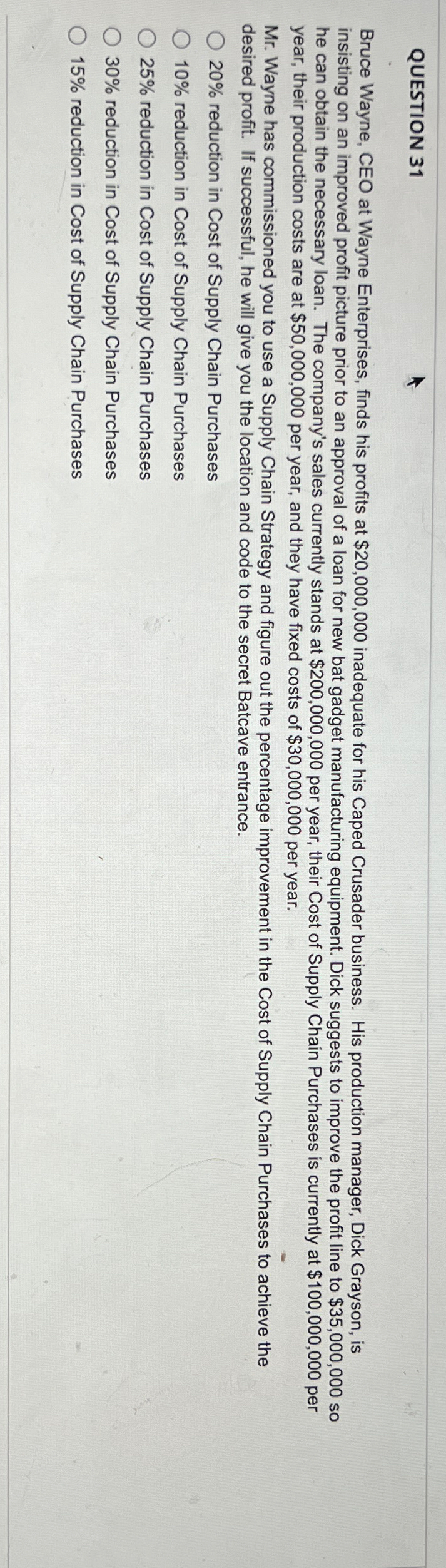 QUESTION 31 Bruce Wayne, CEO at Wayne Enterprises, finds his profits