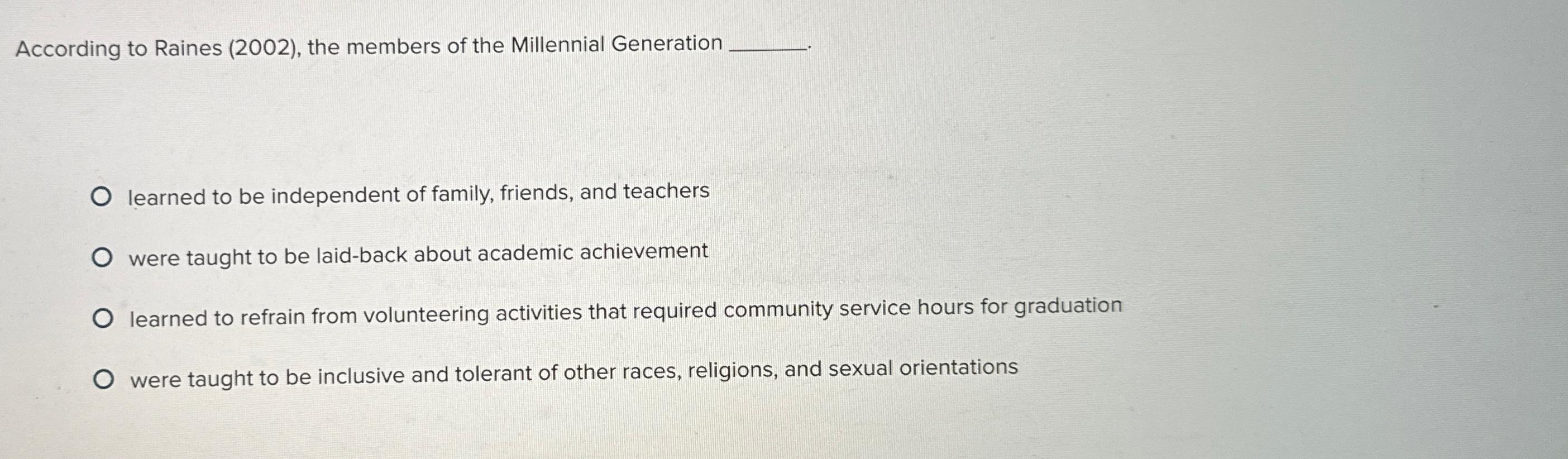  According to Raines (2002), the members of the Millennial Generation learned