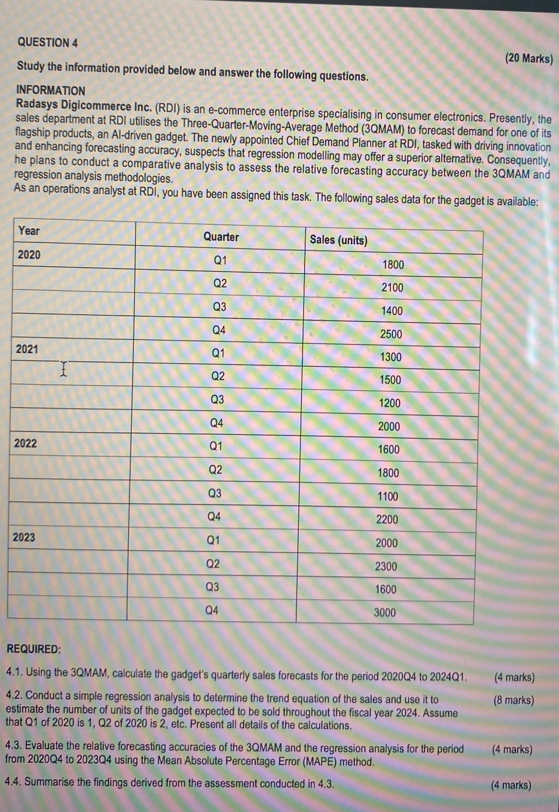  QUESTION 4 (20 Marks) Study the information provided below and answer