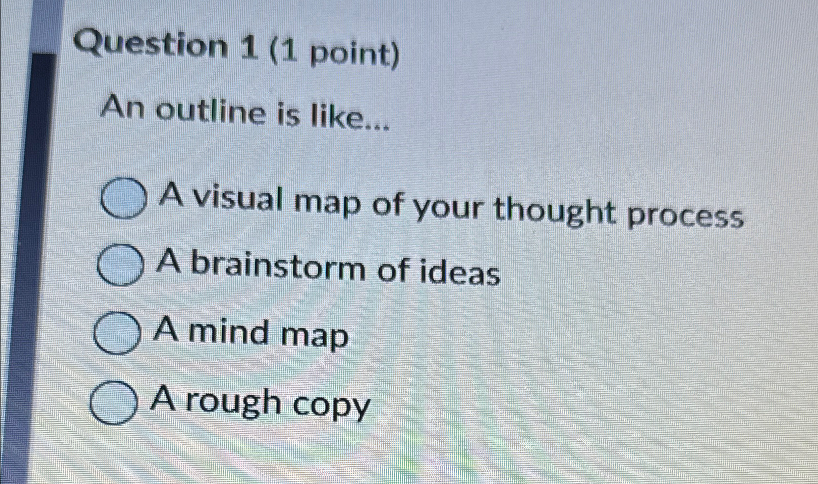  Question 1(1 point) An outline is like... A visual map of