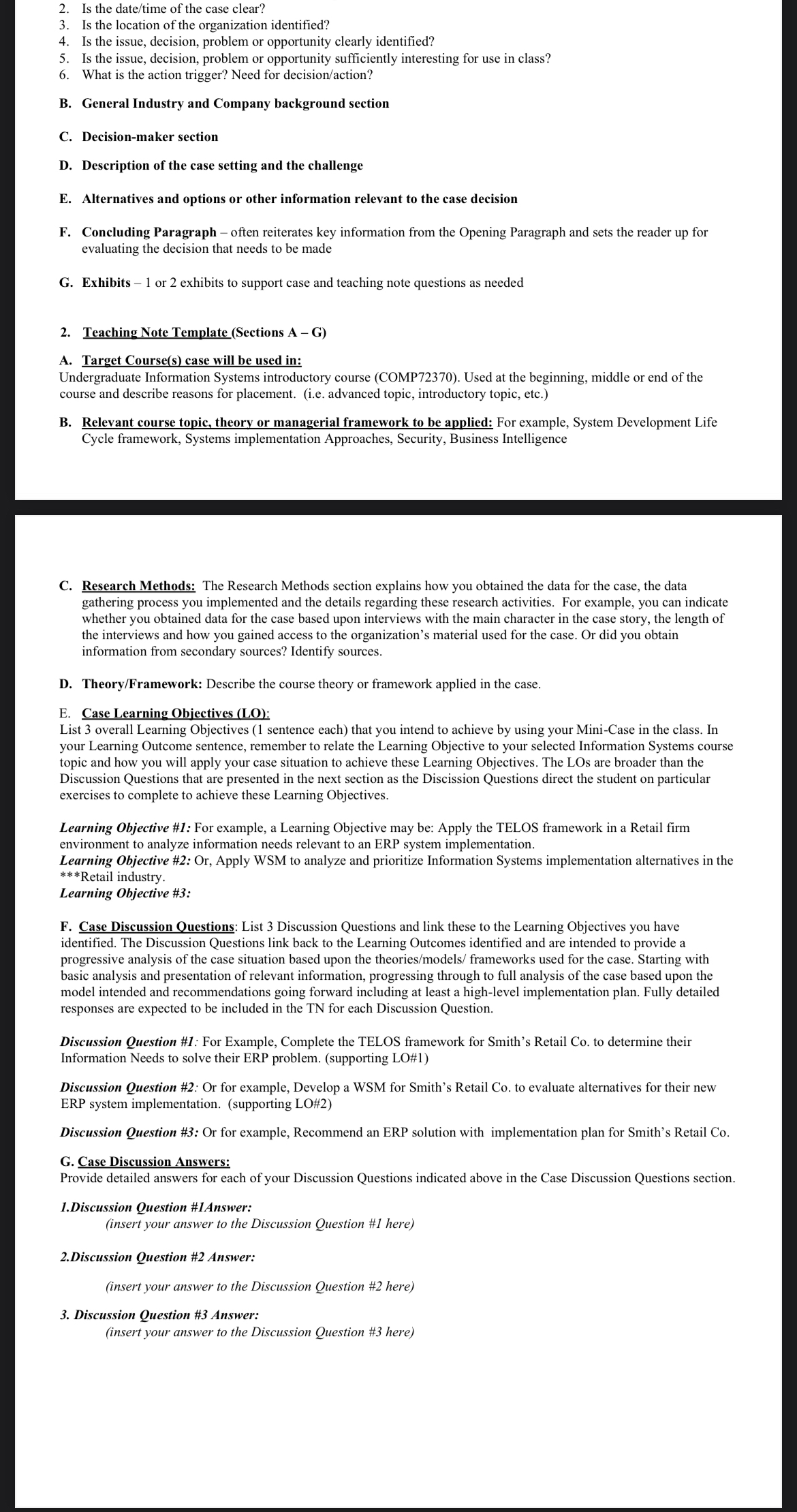  Fill in the mini-case and Teaching Note templates provided below to