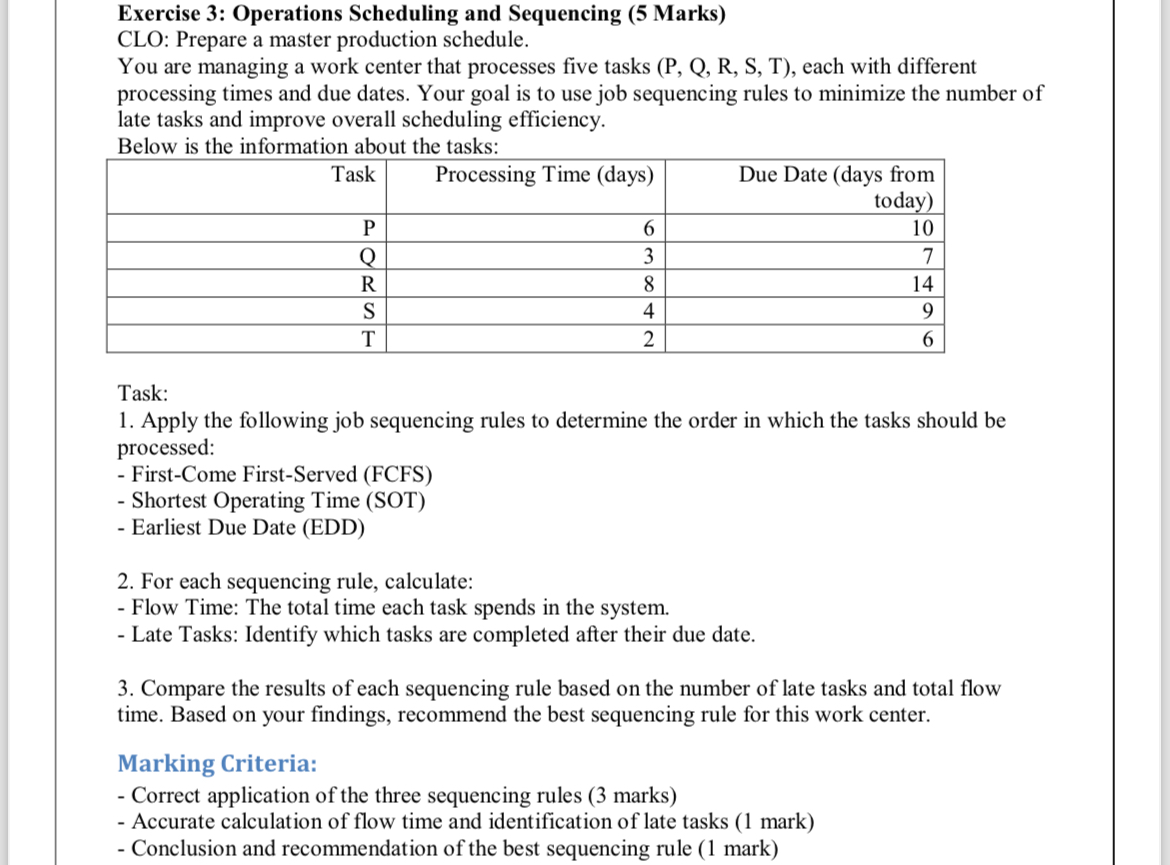 Exercise 3: Operations Scheduling and Sequencing (5 Marks) CLO: Prepare a master