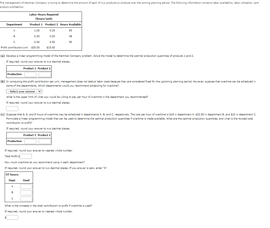  product profitability: (a) Develop a linear programming model of the Hartman