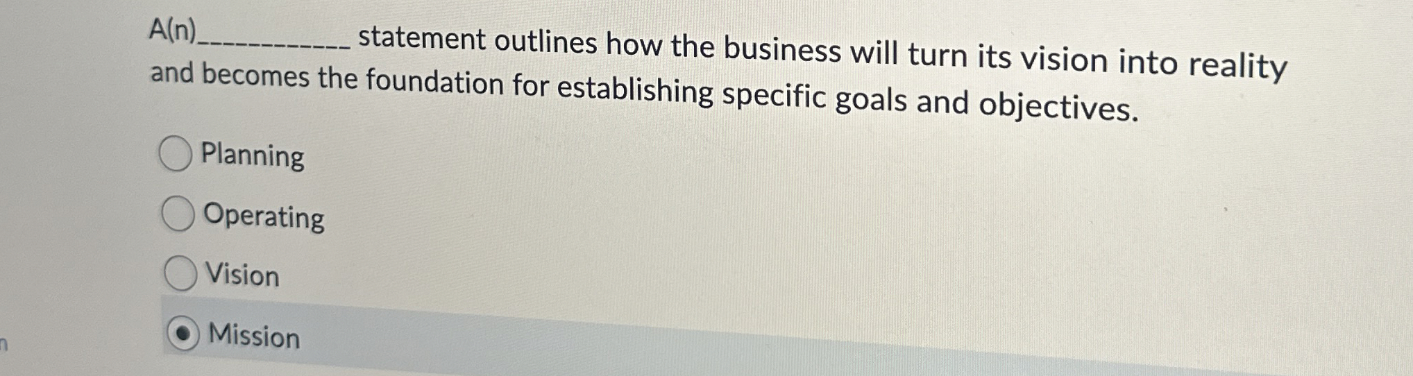  A(n)q, statement outlines how the business will turn its vision into