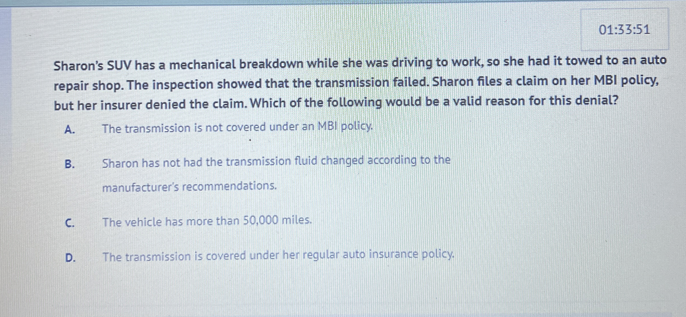  01:33:51 Sharon's SUV has a mechanical breakdown while she was driving