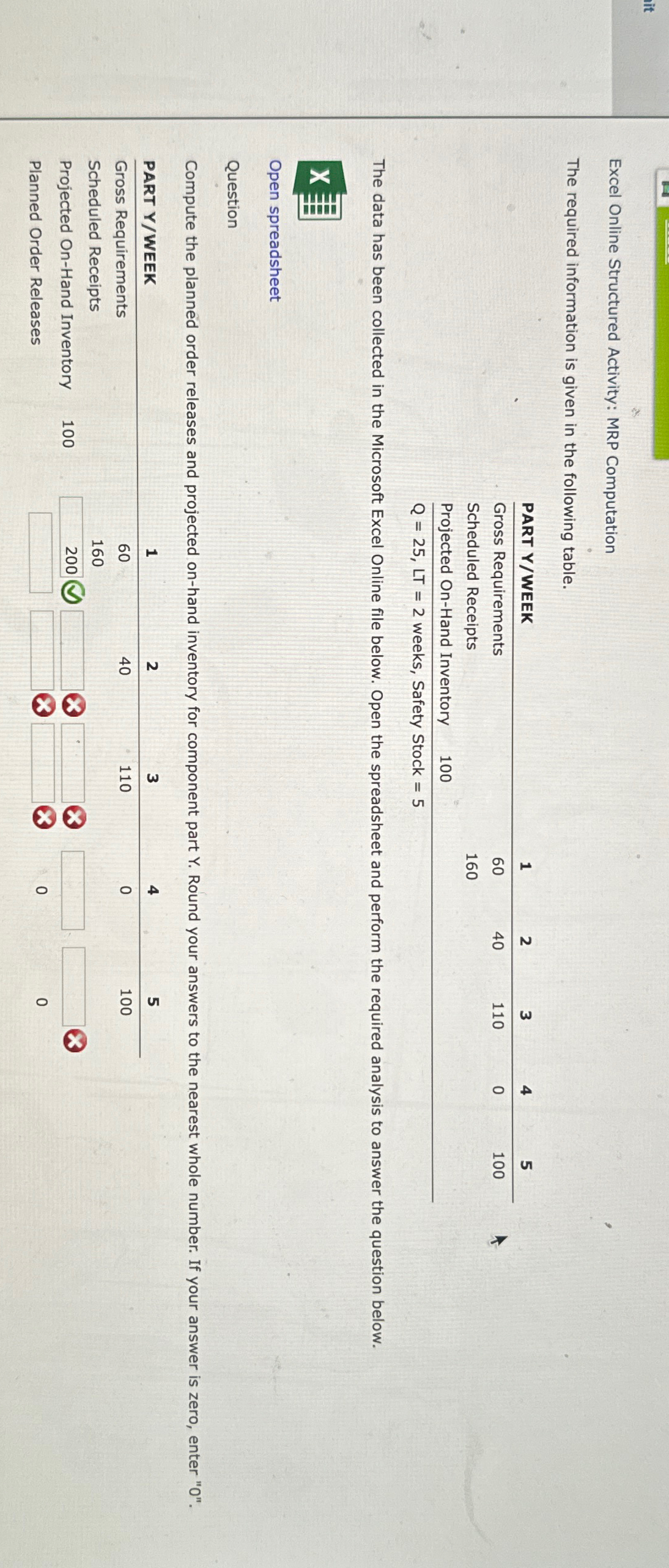  Excel Online Structured Activity: MRP Computation The required information is given