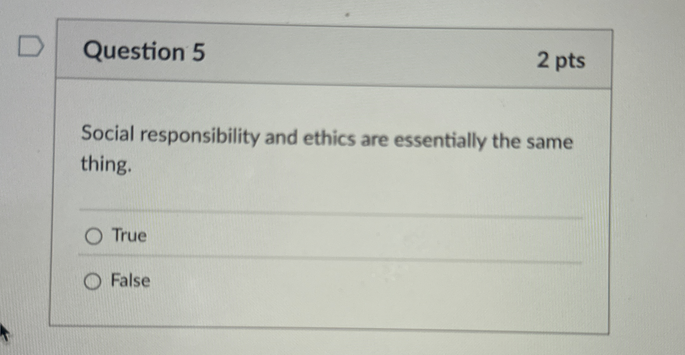  Question 5 Social responsibility and ethics are essentially the same thing.