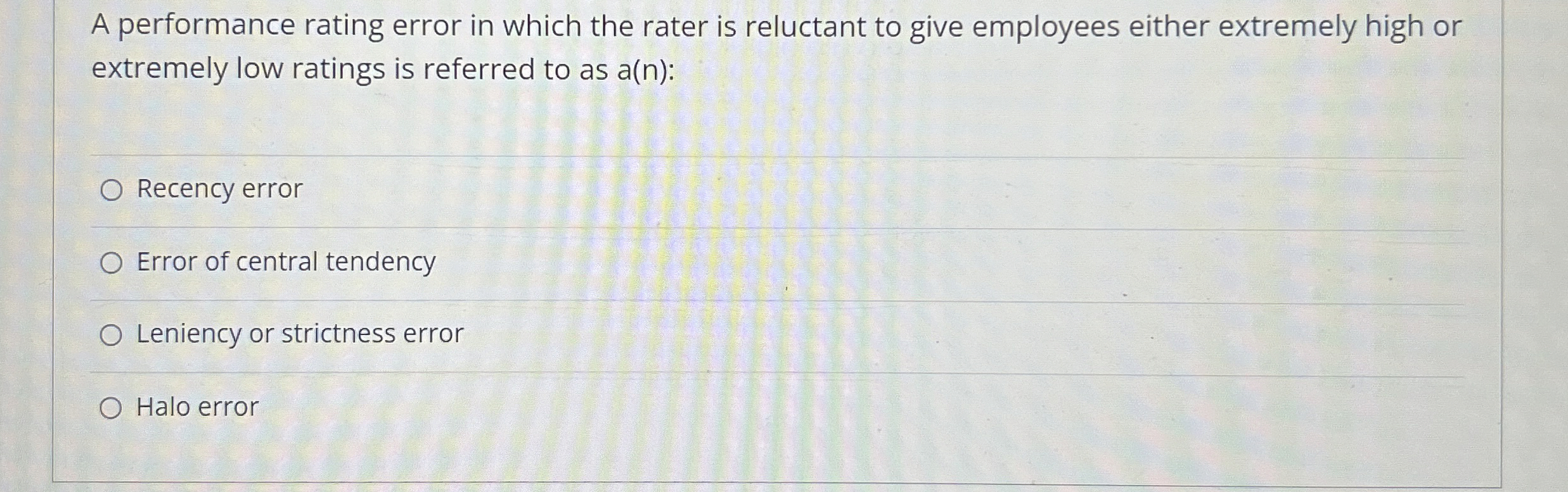  A performance rating error in which the rater is reluctant to