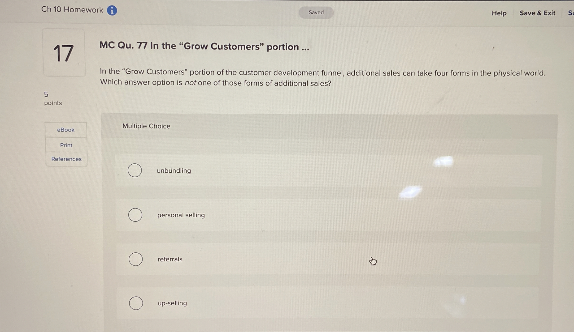  Ch 10 Homework (i Help Save & Exit 17 MC Qu.77