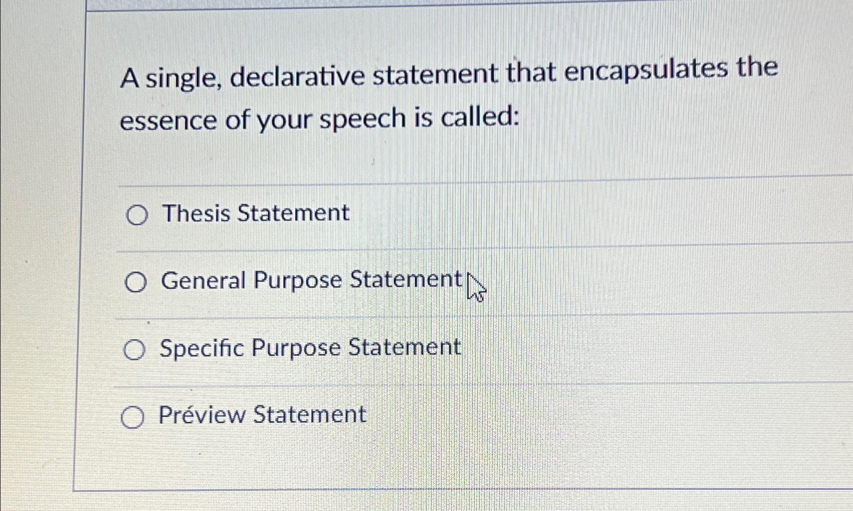  A single, declarative statement that encapsulates the essence of your speech