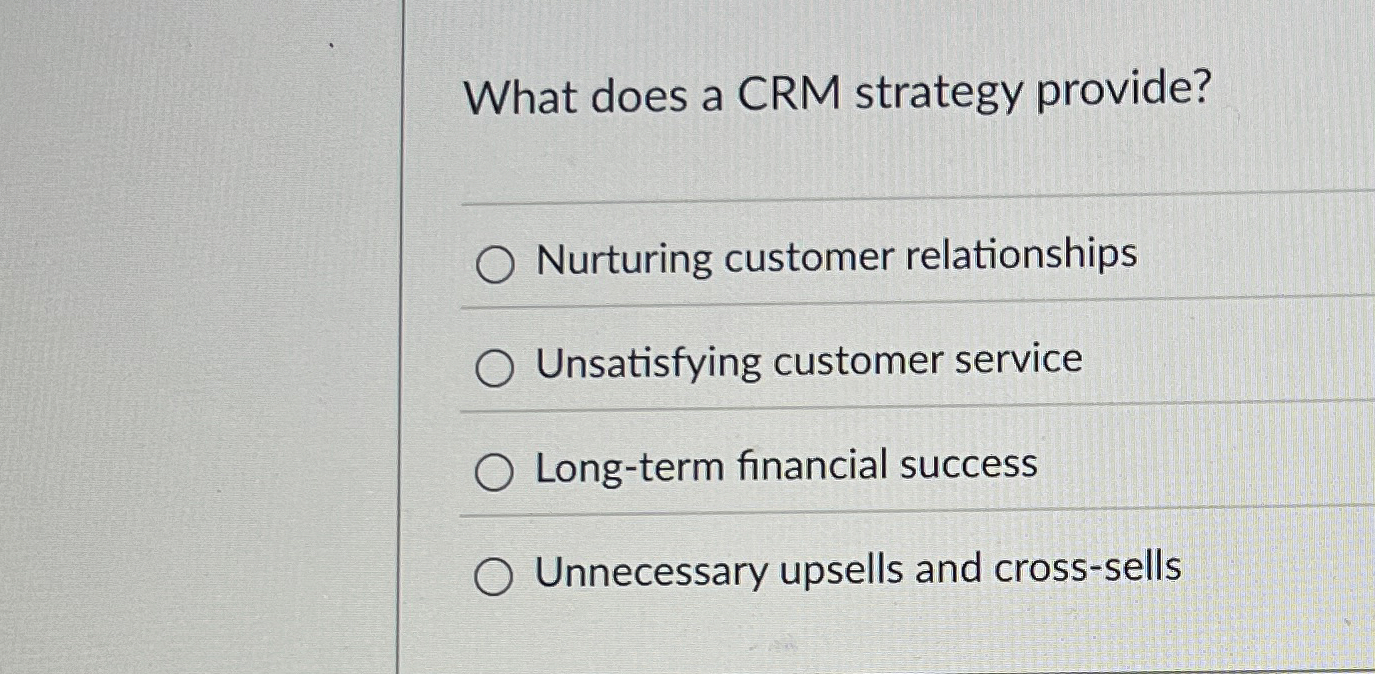  What does a CRM strategy provide? Nurturing customer relationships Unsatisfying customer
