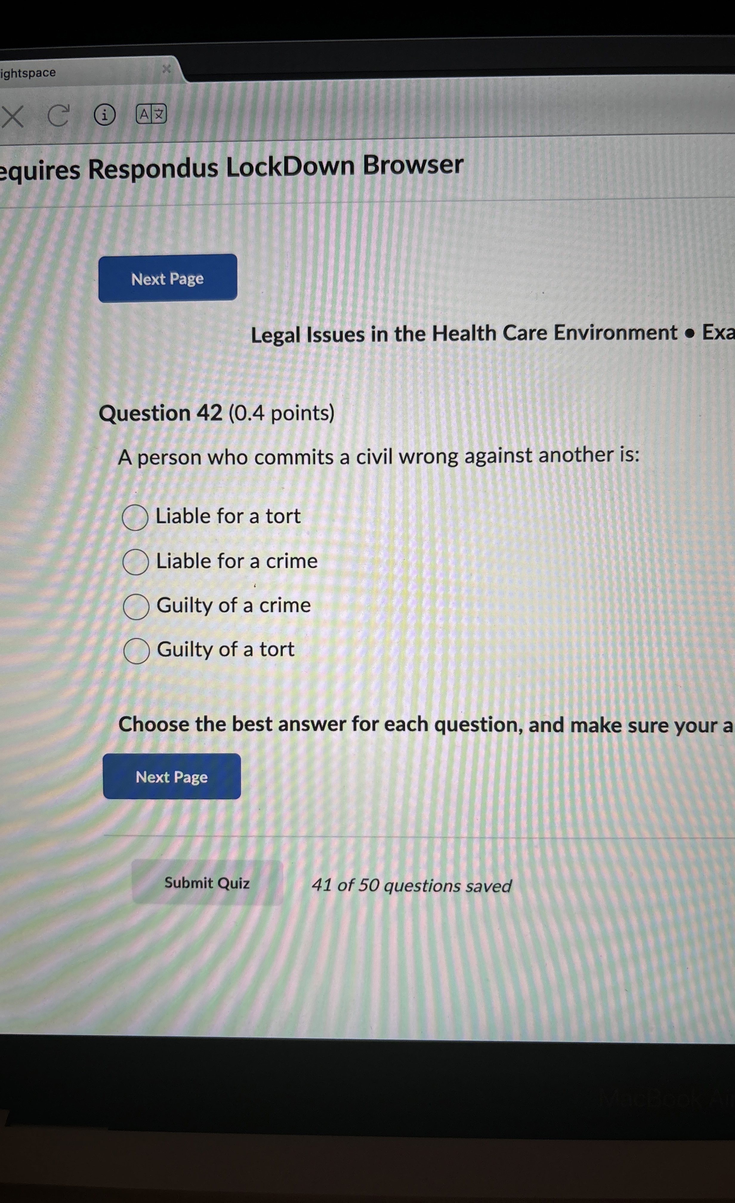  Question 42(0.4 points) A person who commits a civil wrong against