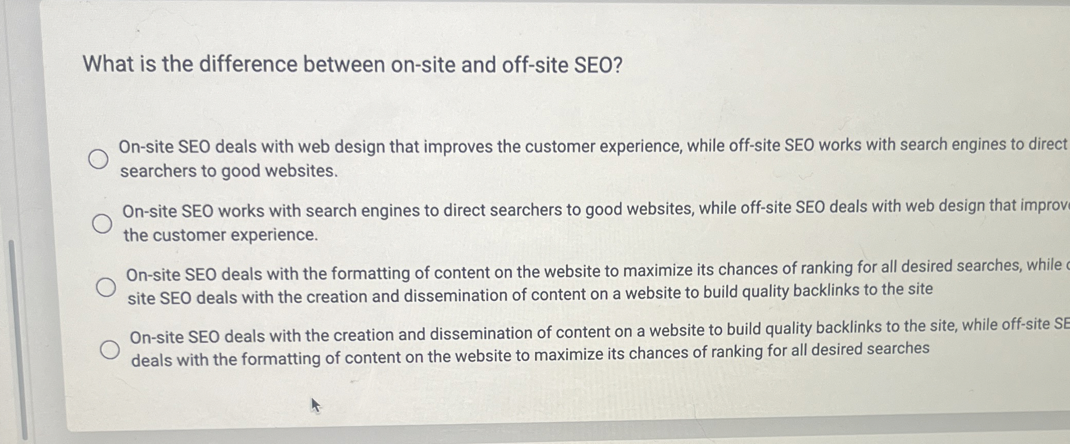  What is the difference between on-site and off-site SEO? On-site SEO