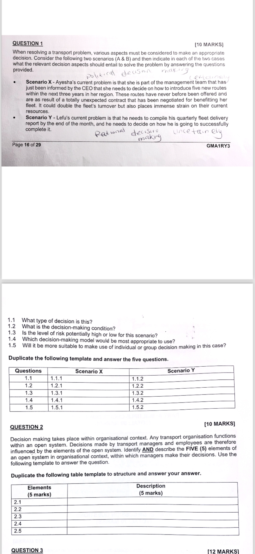  QUESTION 1 When resolving a transport problem, various aspects must be